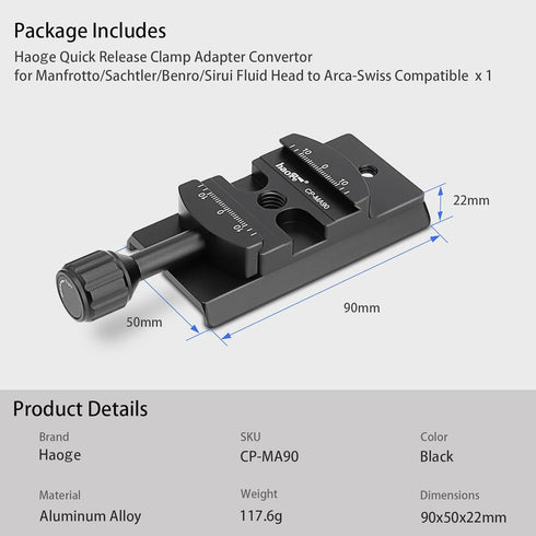 Haoge CP-MA90 Quick Release Plate Adapter for Manfrotto Tripod Fluid Video Head to Arca-Swiss Compatible, Fit 501PL /