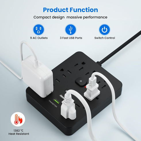 Power Strip Surge Protector with 9 Outlets, 3 USB Ports, Fireproof Desktop Charging Station, 5 ft Long Extension Cords,