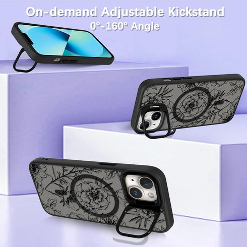OOK Magnetic Case for iPhone 13 with Kickstand, Built-in Camera Stash Stand, Slim Translucent Matte Case, Black Floral