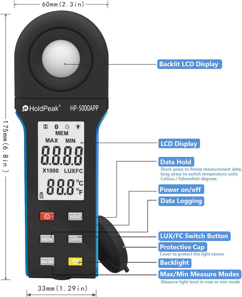HoldPeak Illuminance Light Meter with Bluetooth, Digital Lux Foot Candles Meter, Lumen Meter for Plants, Home & Office