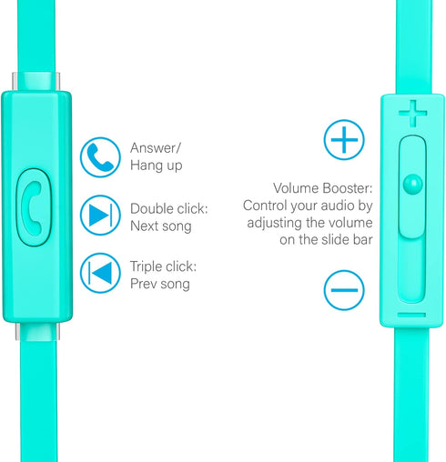 Teal Wired Earbuds with Microphone, HiFi Stereo In-Ear Headphones, 3.5mm for iPhone, Android, MP3, Laptop - Powerful