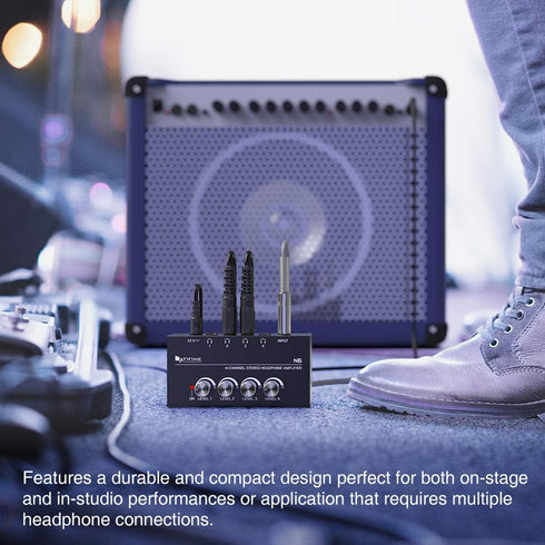 Fifine 4 Channels Metal Stereo Audio Amplifier, Mini Headphone Splitter with Power Adapter, 4x Quarter Inch Balanced