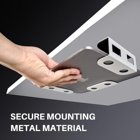 Under Desk Laptop Storage Mount, Metal Holder for Devices Thickness 1.37", with Anti-Scratch Silicone (White)