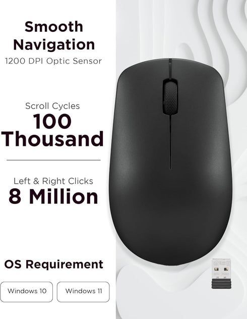 Lenovo 530 Wireless Mouse, Full Size for PC, Laptop, Windows Computer, 2.4 GHz Nano USB Receiver, Ambidextrous Design,