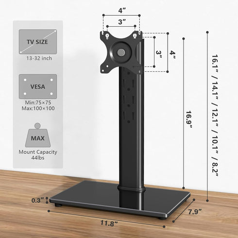 Single Monitor Stand VESA Mount for 13-32 Inch Screens, Free-Standing Riser with Swivel Tilt Rotation
