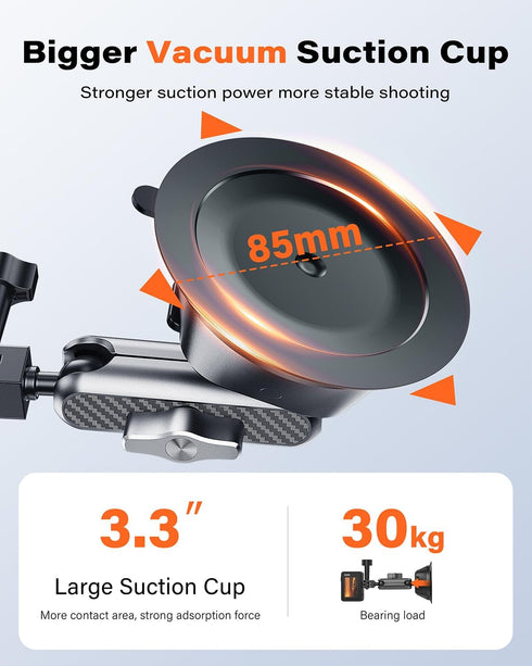 Suction Cup Mount for Gopro iPhone, Anti-Shake Metal Arm Car Camera Mount with 1/4 Thread & Phone Holder for VLOG/Video
