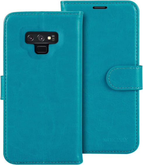 MONASAY Wallet Case for Galaxy Note 9, 6.4 inch, Light Blue Flip Folio Leather Cover with RFID Blocking