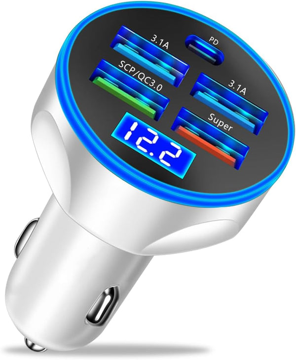5 Port USB Car Charger, 250W Super Fast Charging Cigarette Lighter Adapter with LED Voltage Monitor, 4USB + Type C