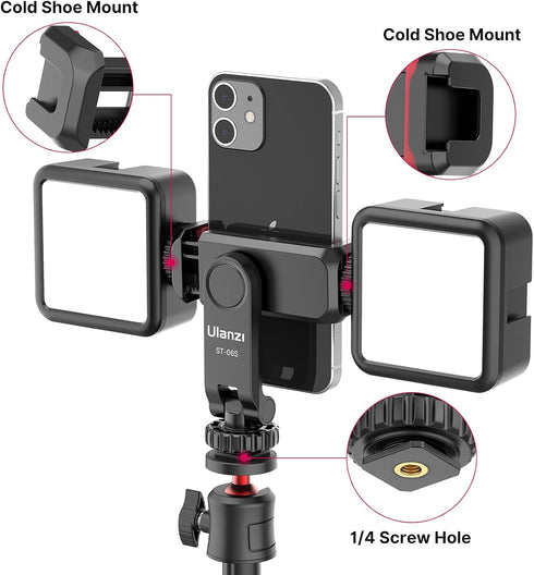 ULANZI Phone Tripod Mount ST-06S, New Universal Smartphone Mount Adapter with 2 Cold Shoe, 360° Rotates Adjustable Cell Phone Clip Clamp Holder, Compatible with iPhone, Samsung Galaxy and All Phones