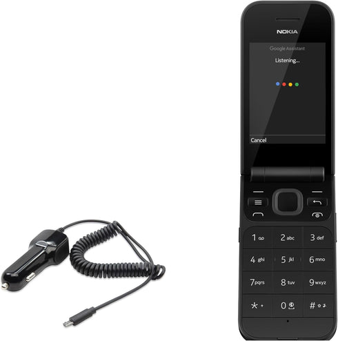 BoxWave Car Charger for Nokia 2720 Flip - Extra USB Port with Integrated Cable, Black