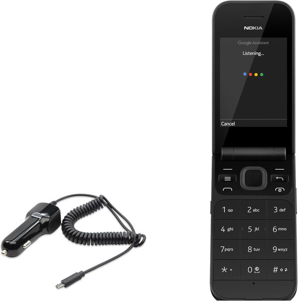 BoxWave Car Charger for Nokia 2720 Flip - Extra USB Port with Integrated Cable, Black