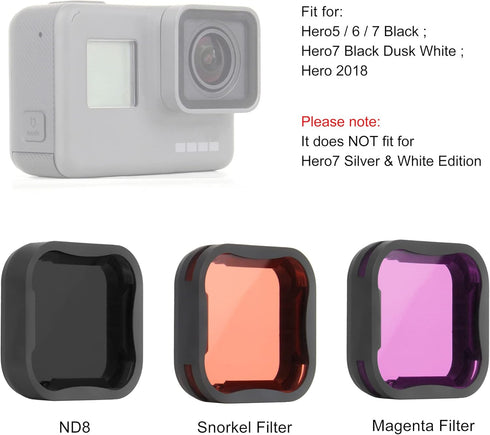 3-Pack Camera Lens Filter Set for GoPro Hero 5/6/7 Black/Hero (2018) Cameras, ND8, Light Red, and Magenta Filters