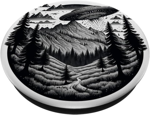 Flying Aliens UFO Saucer surrounded mountains PopSockets Standard PopGrip