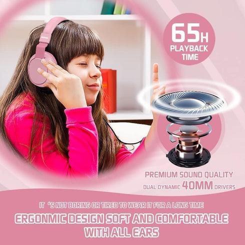 Kids Bluetooth 5.3 Headphones, Wireless 60H Play Time, Volume Limited 85/110dB, Over Ear Foldable Headset with Mic