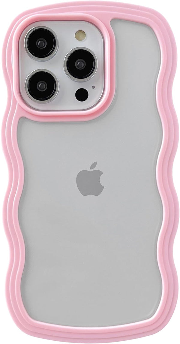 Caseative Cute Curly Wave Frame Case for iPhone 15 Pro, Shockproof Soft Cover - Pink