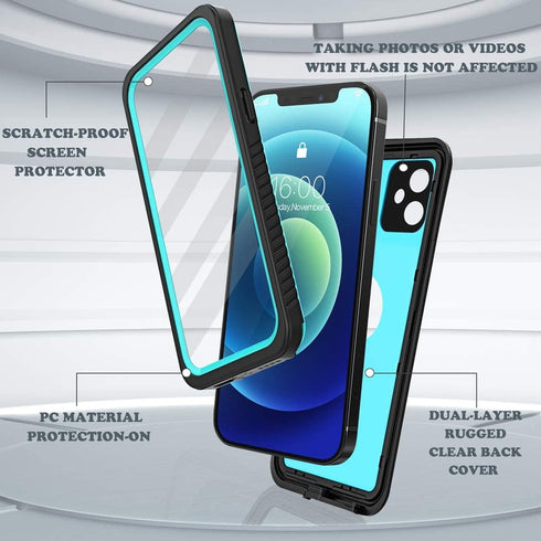 iPhone 12 Waterproof Case, Shockproof Dustproof IP68 Full-Body Hard Case with Built-in Screen Protector, Teal