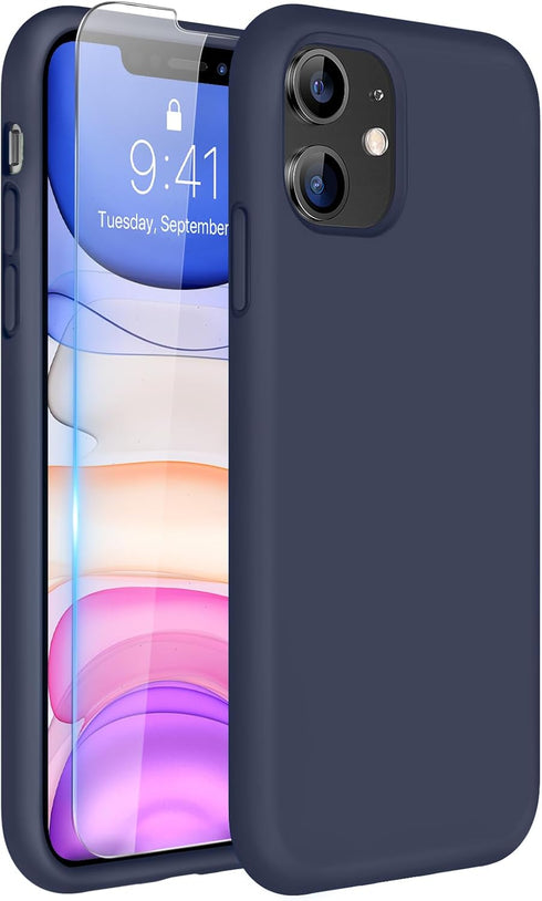 Miracase iPhone 11 Case with Screen Protector, Navy Blue Liquid Silicone Gel, Full Body Shockproof Protection, 6.1 inch.