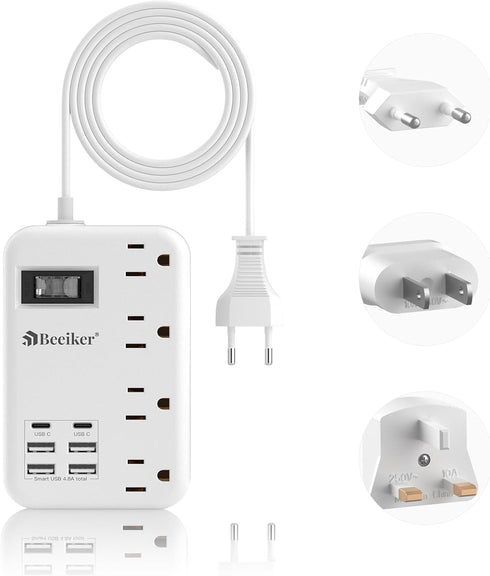 European Travel Plug Adapter, US to Europe Travel Power Strip with 6 USB (2 USB C) 4 Outlets, 3ft Extension Cord