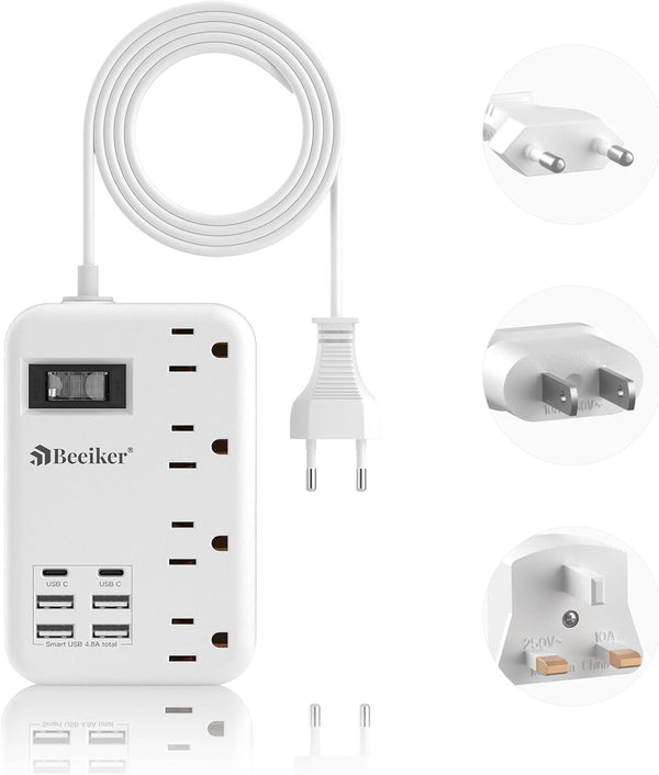 European Travel Plug Adapter, US to Europe Travel Power Strip with 6 USB (2 USB C) 4 Outlets, 3ft Extension Cord