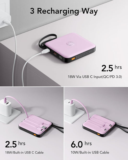 VRURC Portable Charger with Built-in Cable, 10000mAh Power Bank, 22.5W/PD20W Fast Charging USB C Battery Pack with LED