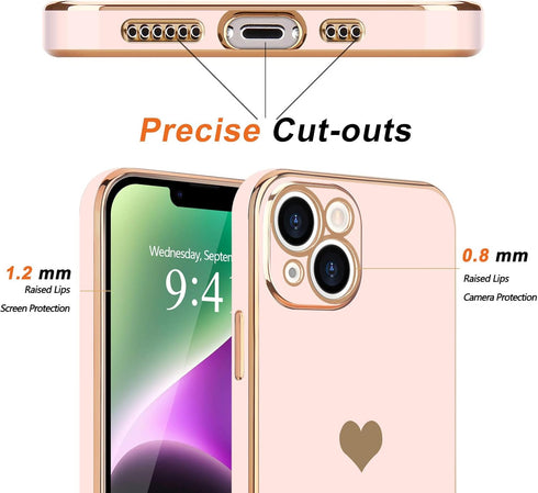 Teageo iPhone 14 Case for Women, Cute Love Heart Luxury Electroplate Plating Soft Bling Back Cover - Light Pink