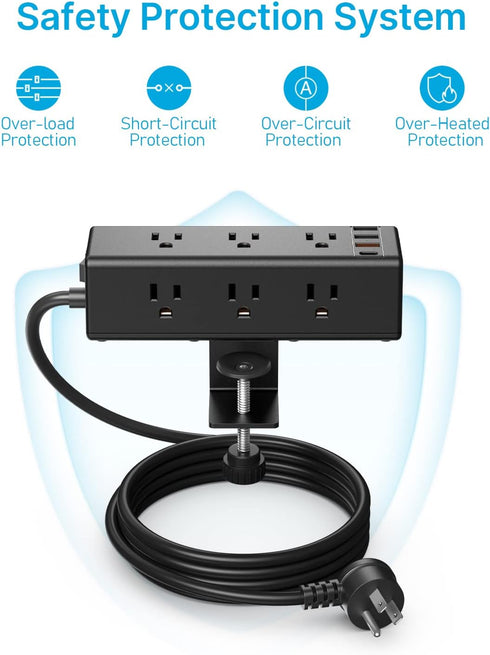 CCCEI 9 45W 4 1.6 inch Desk Clamp Power Strip with Outlets, Desktop Edge Mount Surge Protector with USB-A and USB-C