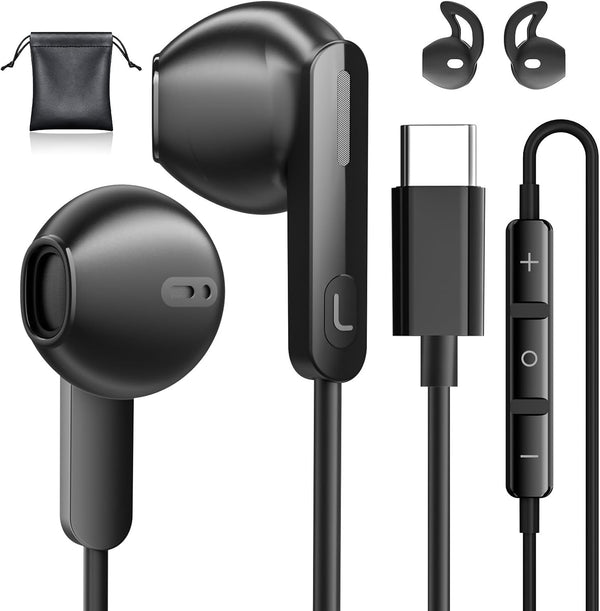 USB C Headphones for iPhone 15/15 Pro/15 Pro Max & Galaxy S24 Ultra - Wired Earbuds with Microphone & Noise Isolation.