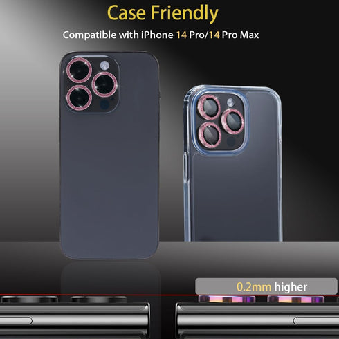 Camera Lens Protector for iPhone 14 Pro & Pro Max, Tempered Glass with Aluminum Alloy Ring Cover (Glitter Pink)