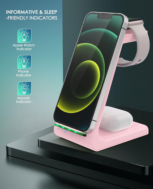 Wireless Charging Station - 3 in 1 Fast Desk Charger for iPhone 15/14/13/12/11 Pro Max/X/Xs Max, AirPods, iWatch (pink)