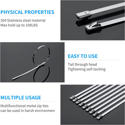 11.8 Inch (200 Pack), 304 300lbs XINGO Metal Zip Ties Stainless Steel Heavy Duty Zip Ties, Tensile Strength