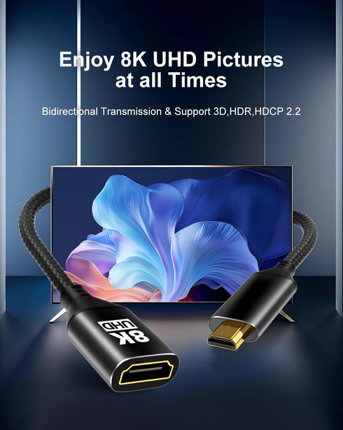 KOMGILK 8K 8K@60Hz, 4K@120Hz 3D 48Gbps Micro HDMI to HDMI Adapter, Micro HDMI Male to HDMI Female Cable with HDR High