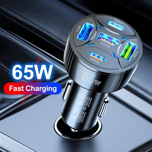 65W 5 Ports Car Charger USB Adapter, Type C PD30W & QC3.0 Fast Charging for iPhone/Android/Samsung/iPad Pro (Black)