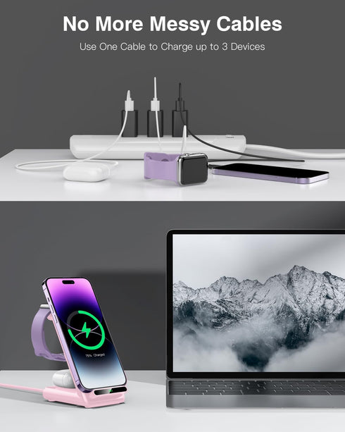 Wireless Charging Station 3 in 1 for Apple Watch Ultra 9/8/7/6/SE/5/4/3, Fast Wireless Charger for iPhone 15/Plus/Pro