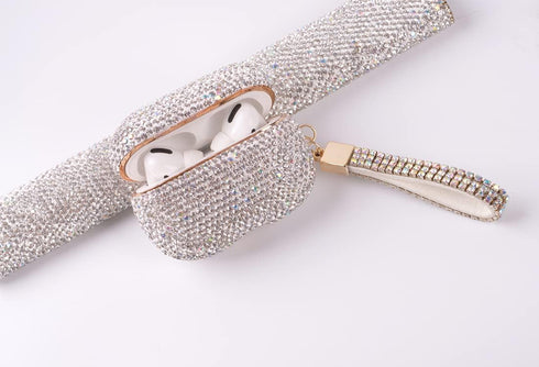 Sparkly Diamond Case for AirPods Pro 1&2 Generation, Premium Bling Rhinestone Cover Skin with Keychain (White AB Gold)