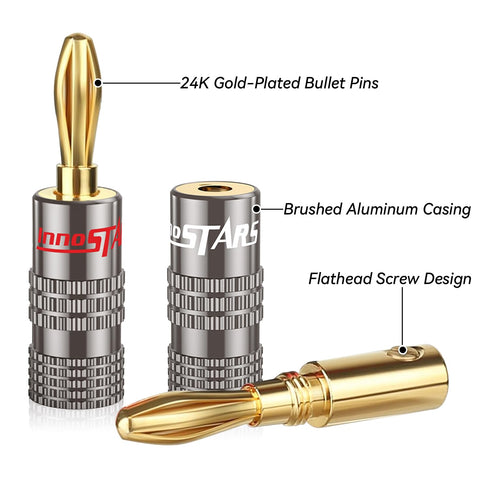 Bullet Pin Banana Plugs for Speaker Wire (12 Pairs, 24 Pcs), 4mm Pin Plug Dual Screw Type, 24K Gold Plated Connectors Insulated (Support 12 AWG to 20 AWG Wires), Come with 1Pcs Screwdriver