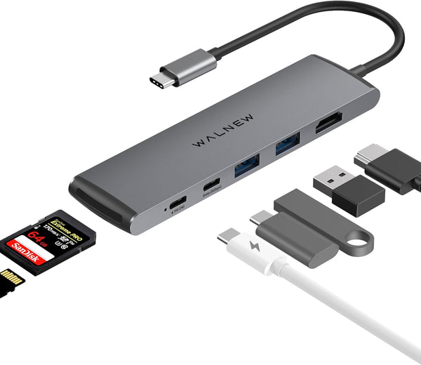 USB C Hub, WALNEW 7 in 1 Docking Station with 4K HDMI, 100W PD, 3 Data Ports, TF/SD Card Reader for Laptop