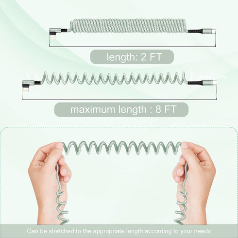 Coil Lightning to USB-C Cable, 8ft to 2ft, 90 Degree Right Angle, Ultra-Strong MFi Certified Fast Charging Cord