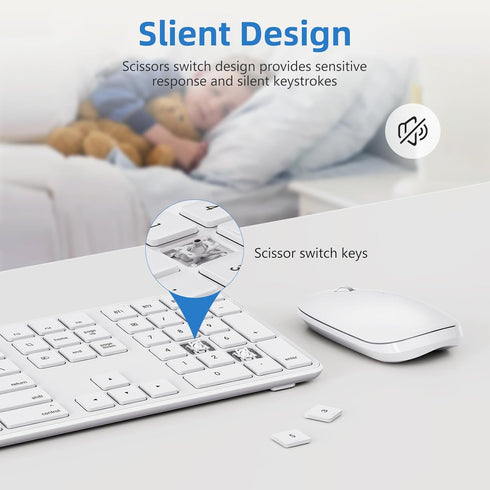 OMOTON Bluetooth Keyboard and Mouse Combo for Mac, Wireless Multi-Device Keyboard with Numeric Keypad (White)