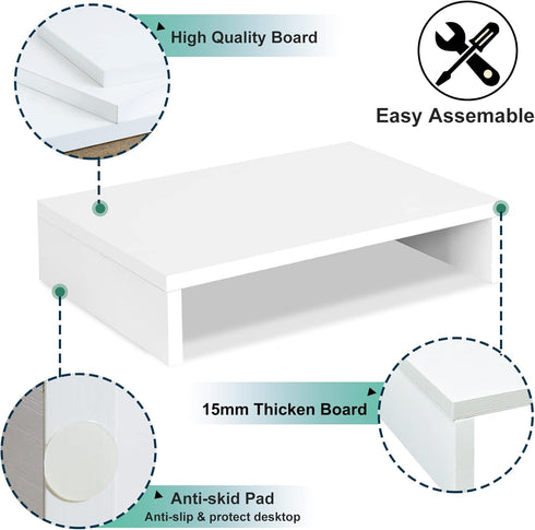 14.2 inch (White-14.2 inch) TEAMIX White Monitor Stand Riser, Wood Monitor Riser with Storage for Desk Small Monitor