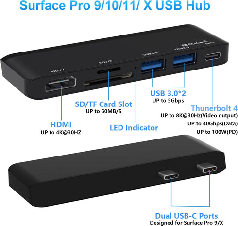 Surface Pro 9/10/11/X Docking Station with 4K HDMI, USB-C Thunderbolt 4, USB 3.0, SD/TF Card Reader