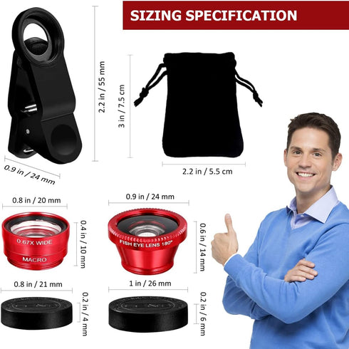 3 in 1 Phone Camera Lens Kit with Clip, Fisheye Lens, Wide Angle Lens, Macro Lens for Smartphones iPhone, Android (Red)