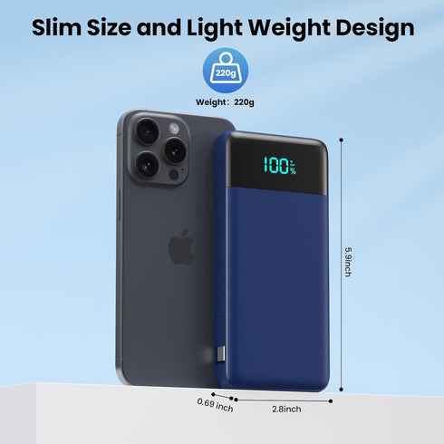 Portable Charger for iPhone, Built-in Cables and Wall Plug, 13800mAh Fast Charging USB C Power Bank, Blue