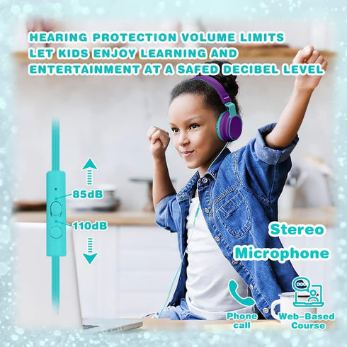 Kids Volume Limited 85/110dB Wired Over-Ear/On-Ear Foldable Headset with Inline Cable AUX 3.5mm Cord Mic for Boys and