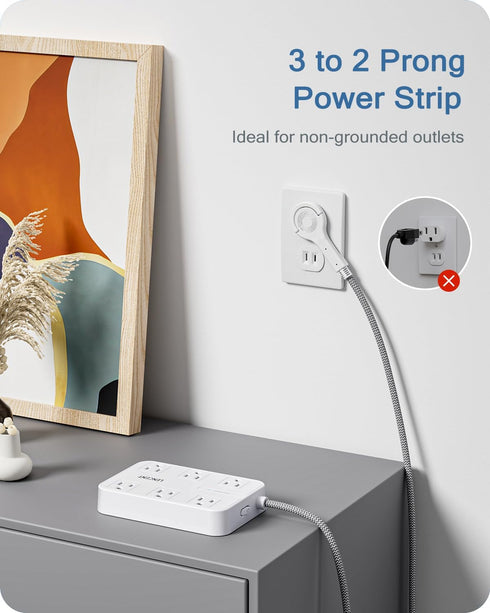 LENCENT 2 Prong Power Strip, 3 to 2 Prong Outlet Adapter, 10ft Braided Extension Cord with 6 AC & 4 USB Ports
