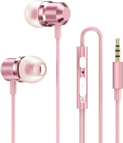 Rose Gold Earbuds: Girls Pink Wired Earphones with Mic & Volume Control, 3.5mm for Smartphones, MP3, Tablet, Laptop.