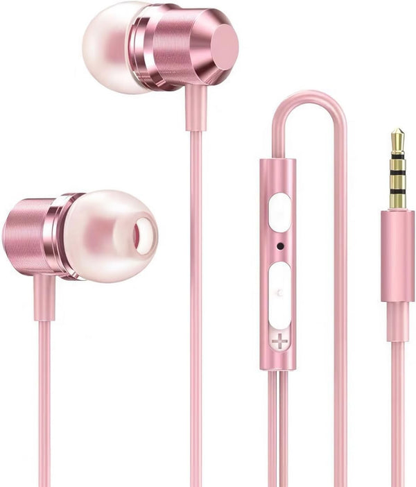 Rose Gold Earbuds: Girls Pink Wired Earphones with Mic & Volume Control, 3.5mm for Smartphones, MP3, Tablet, Laptop.