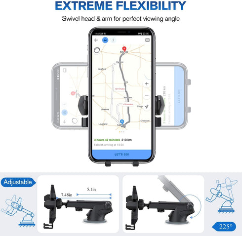 Manords Car Phone Mount Holder for Dashboard Windshield, Compatible with All iPhone & Android Cell Phones, Black
