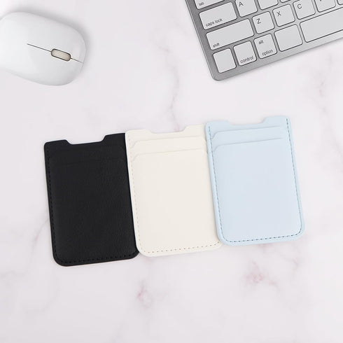 Phone Wallet Stick on, 3 Pack Card Holder for Phone Case, Leather Credit Card Sticky Wallet (Baby Blue, White, Black)