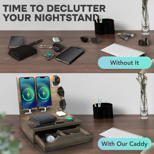 Nightstand Organizer - Bedside Holder for 2 Cellphones or 1 Tablet, Smart Watches, Headphones, Ideal Gifts for Men