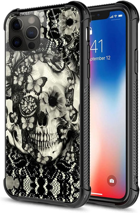ZHEGAILIAN Victorian Gothic Lace Skull Case for iPhone 13 Pro Max, Tempered Glass Back + Soft Silicone TPU Protection